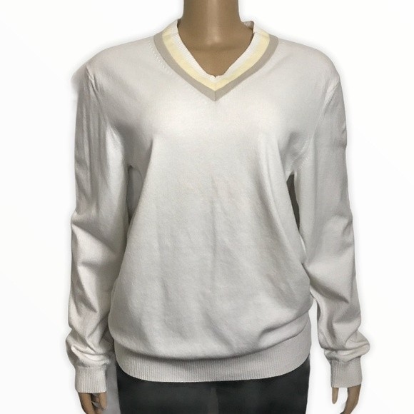 Vintage Perry Ellis Sweater Contrast V Neck Monterey Cream size M - Picture 1 of 16
